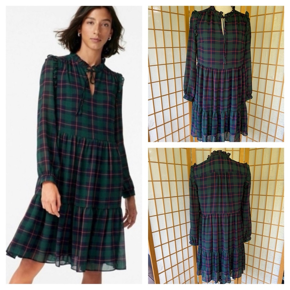 J Crew Black Watch Tartan Tiered Ruffle Long Sleeve Dress SZ S